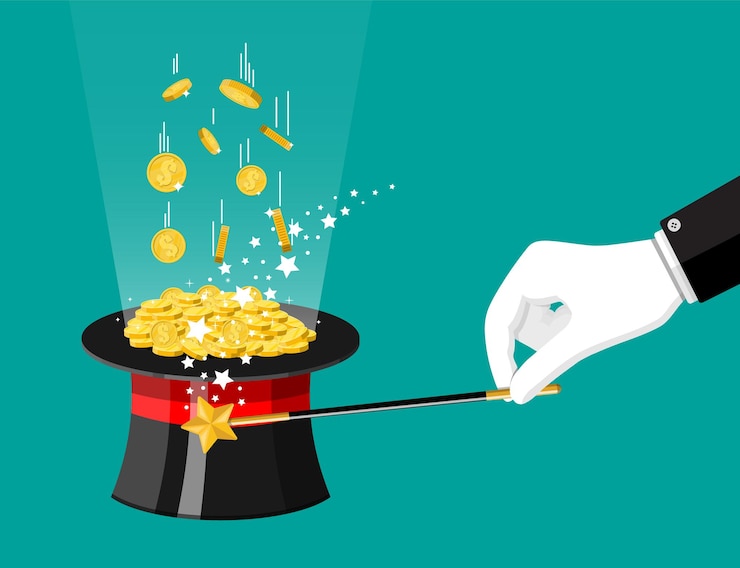 Vector magic hat, wand and gold coins. illusionist cap full of money.