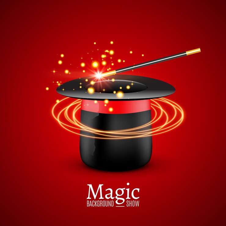 Vector 魔法の杖と魔法の帽子。マジシャンのパフォーマンス。ウィザードショーの背景