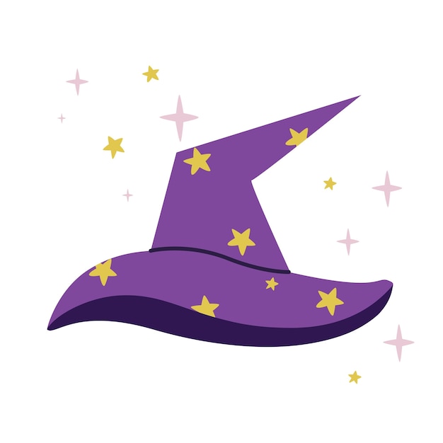 Vector magic hat with stars clipart hand drawn wizard or witch headdress simple wizard or magician hat flat