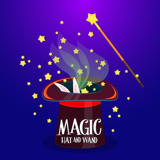 Cappello magico con bacchetta magica per trucco. pubblicità di spettacoli di magia e spettacoli di fantasia