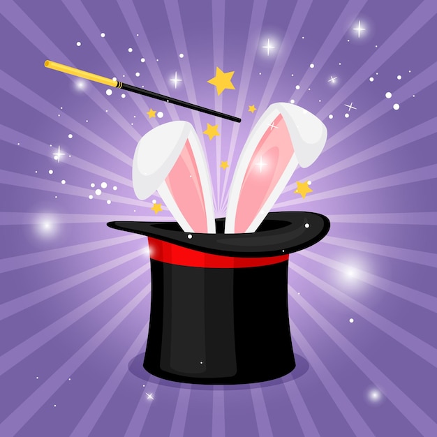 Magic hats with bunny ears Magician hat with rabbit Circus show abracadabra wand Vector illustration about wizard conjure cylinder