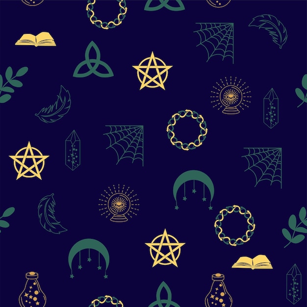 Magic and heaven seamless pattern with magical elements such as snake eye tarot cards hand skull potion moon butterfly mushrooms stars Symbols and elements of the witchcraft theme