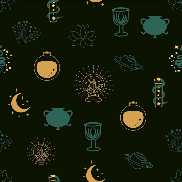 Vector magic and heaven seamless pattern with magical elements such as snake eye tarot cards hand skull potion moon butterfly mushrooms stars symbols and elements of the witchcraft theme