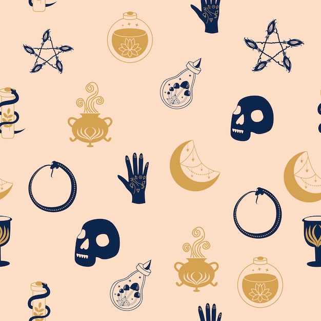 Magic and heaven seamless pattern with magical elements such as snake eye tarot cards hand skull potion moon butterfly mushrooms stars Symbols and elements of the witchcraft theme