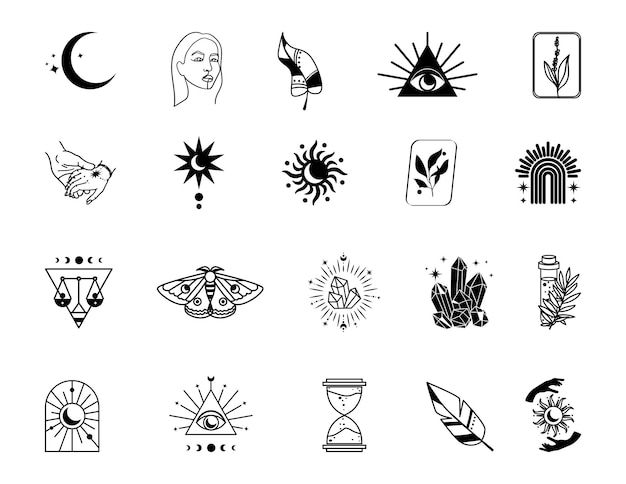 Magic icons set Paranormal and esoteric icons about mental health magic and mystique