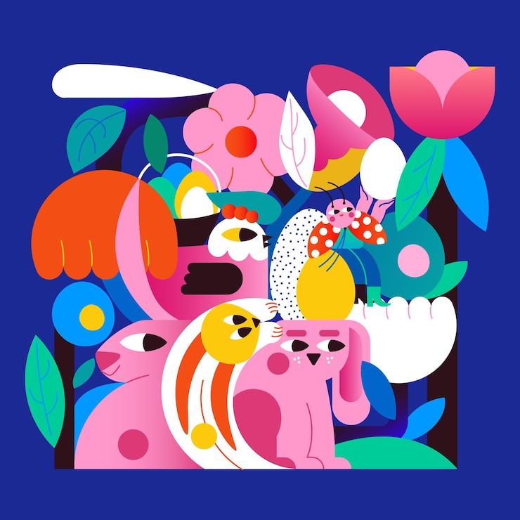 Vector ハッピー イースターの日のための魔法のイラスト。うさぎ、お祝いの卵、春を象徴するてんとう虫。