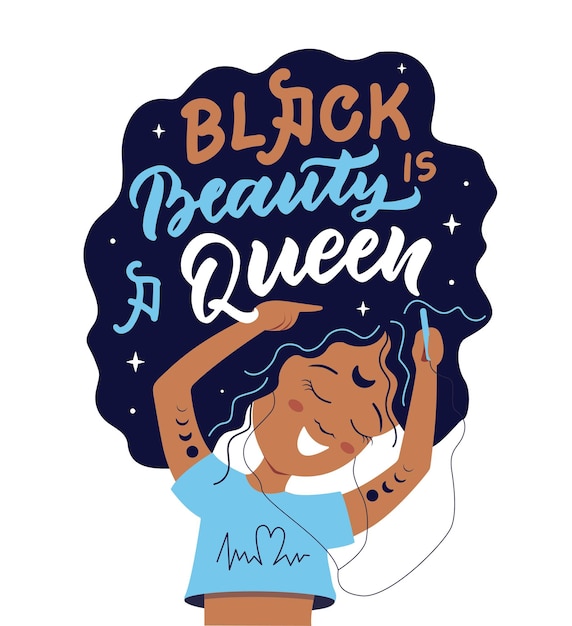 L'immagine magica con cartone animato una ragazza afro la frase black beauty is a queen black girl day