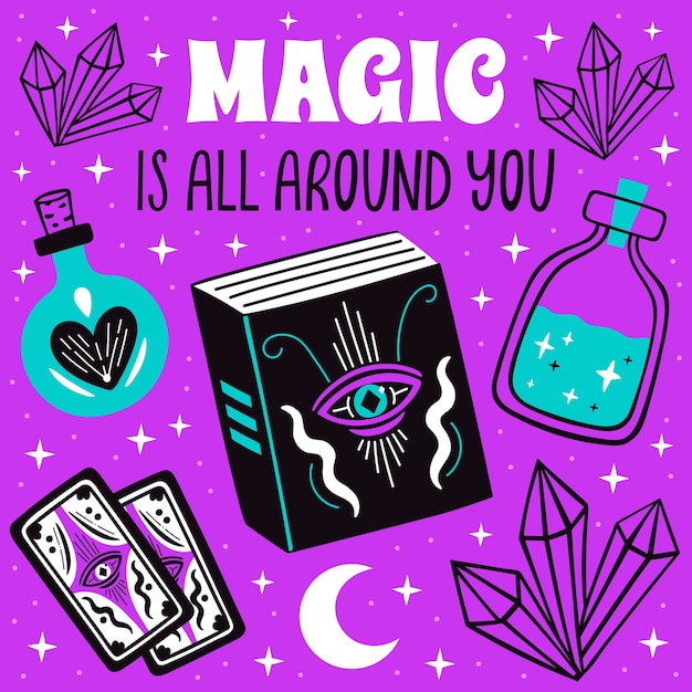 Vector magic is all around you poster with witch mystical symbols, moon, crystal set.