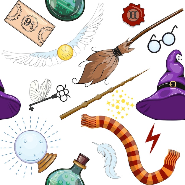 Vector magic items seamless pattern in flat style school of magic