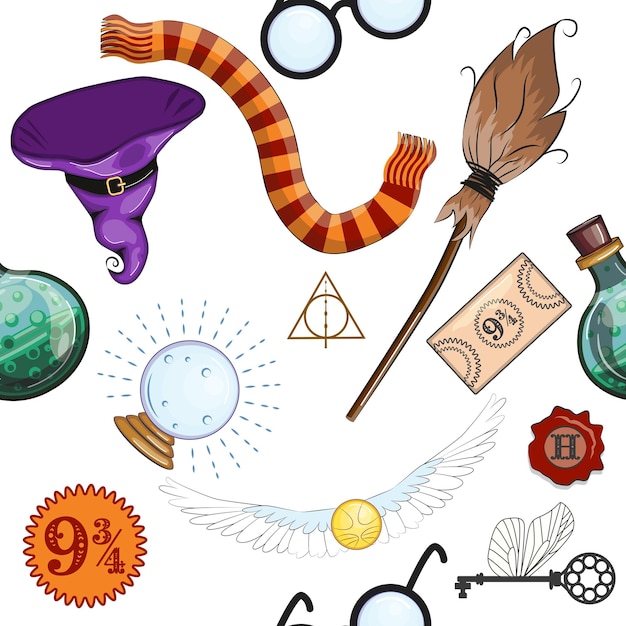 Magic items seamless pattern in flat style School of Magic