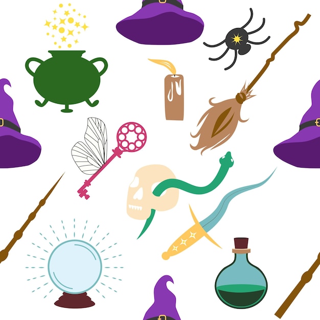 Вектор Волшебные предметы бесшовный узор в плоском стиле школа магии тыквенный ключ волшебный шар перо паук фиолетовая шляпа метла череп змея