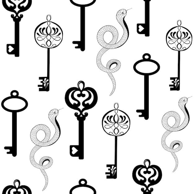ベクトル 魔法の鍵と蛇のベクトルイラスト エゾテリックなシームレスなパターン 秘密の装飾