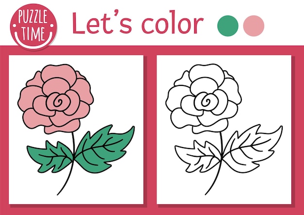 バラを持つ子供のための魔法の王国の着色ページ かわいいピンクの花を持つベクトルおとぎ話の概要図 色付きの例を持つ子供のためのカラーブック 描画スキルの印刷可能なワークシートxA