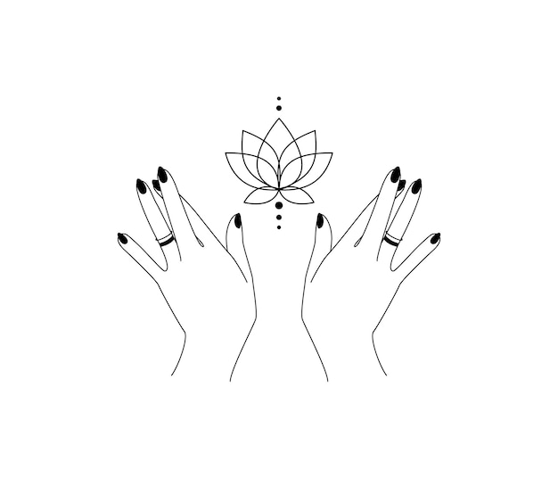 Magic lotus flower over womens hands line art alchemy spiritual tribal symbol for emblem yoga wellness and meditation school esoteric and mystical design element outline vector illustration