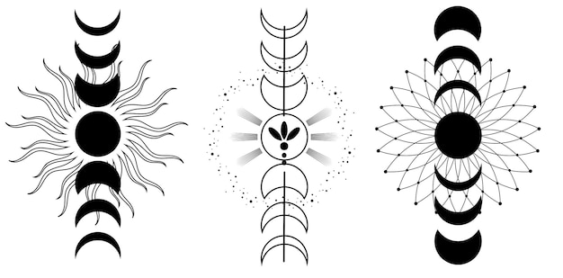 Magic moon set moon phases ezlteric talisman vector graphics outline of the moon with flowers