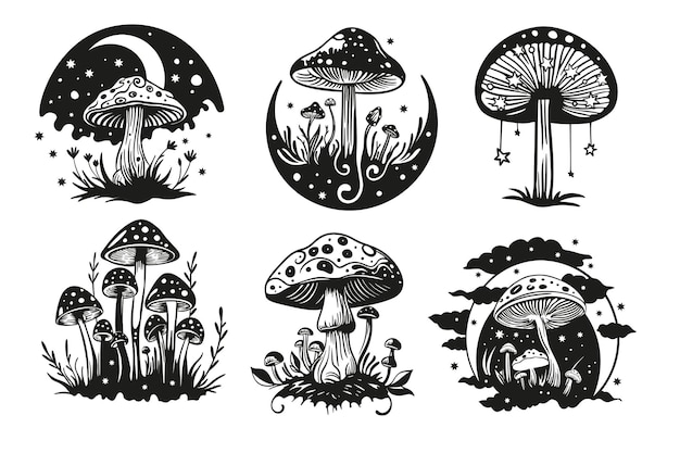Set di silhouette di funghi magici e fata della luna. funghi con stelle collezione vettoriale celeste arte