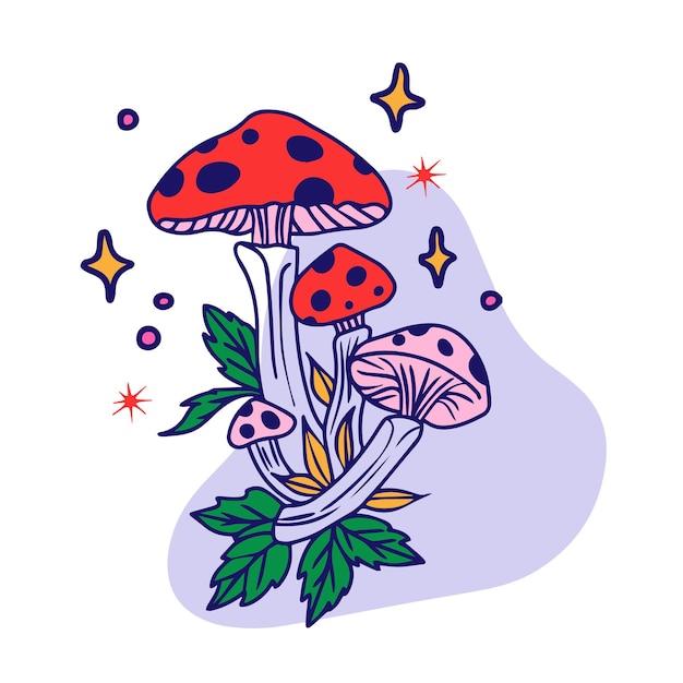 Magic mushroom mushroom with plants and stars outline drawing