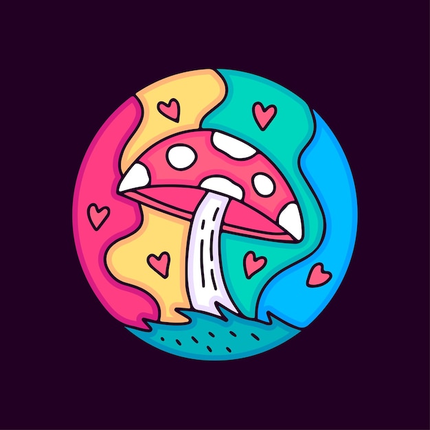 Vettore funghi magici e arte del doodle arcobaleno, illustrazione per t-shirt, adesivi o articoli di abbigliamento.