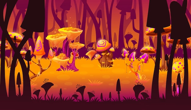 Vector magic mushrooms fantasy game level landscape scene