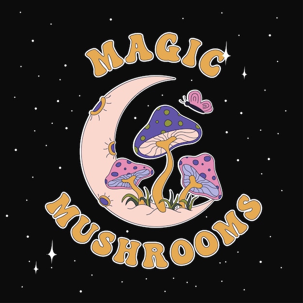 Magic mushrooms Handdrawn vector illustration with mushrooms on the moon