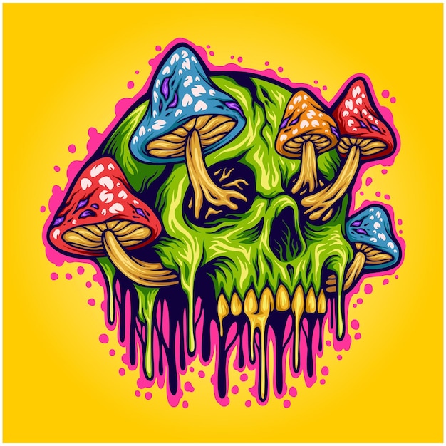 Vector magic mushrooms skull psychedelic illustration