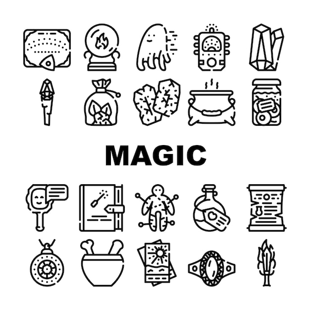 마법의 미스터리 개체 컬렉션 아이콘은 영혼과 마법 카드 위자 보드를 위한 벡터 구를 설정합니다. 영혼과 룬 블랙 컨투어 일러스트레이션