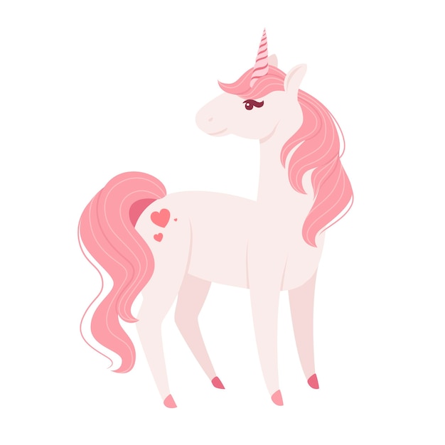 Magico animale mitico da fiaba rosa unicorno cartone animato disegno animale piatto illustrazione vettoriale