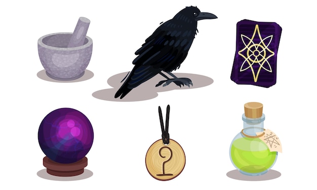 Collezione di oggetti magici simboli di stregoneria corvo mortero e pestello amulet flasca di pozione msgic ball illustrazione vettoriale su sfondo bianco