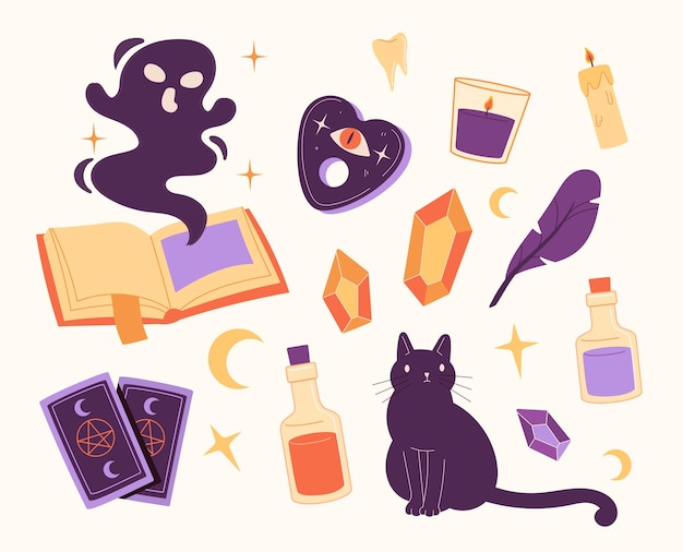 Vector magic objects set black cat and tarrot cards yellow ruby feather and candles sorcery and witchcraft book and teeth cartoon flat vector collection isolated on white background