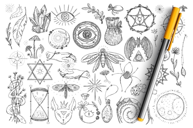 Magic and occult symbols doodle set. Collection of hand drawn spiritual eyes, snakes, crystals, insects and magical symbols for occultism isolated