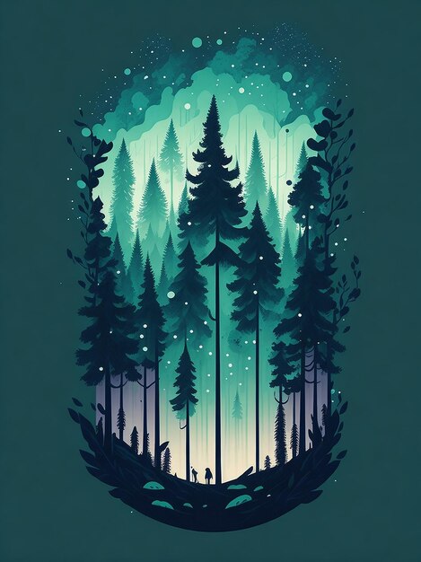 Vector a magic pine forest tshirt design in vibrant colors