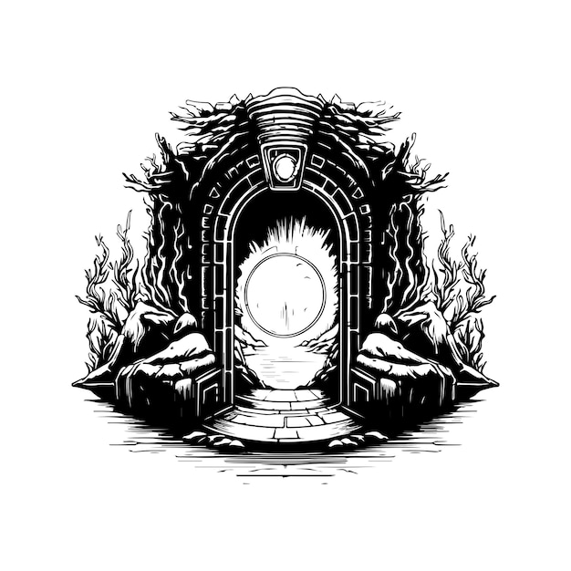 Magic portal vintage logo line art concept black and white color hand drawn illustration