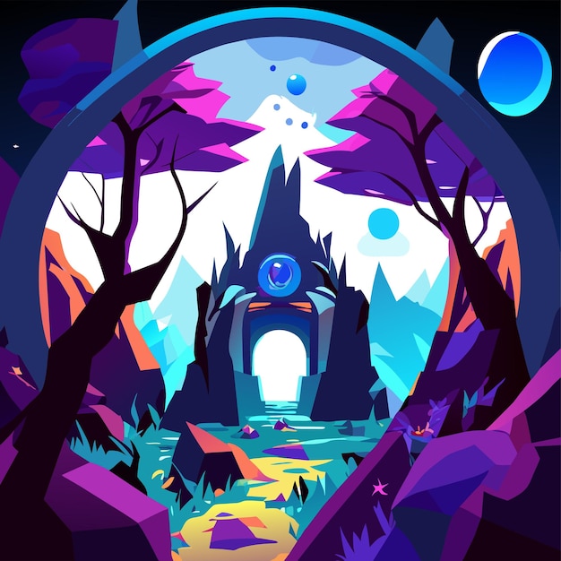 Vector magic portals fantasy teleports or alien planet alien planet cartoon space landscape with pink