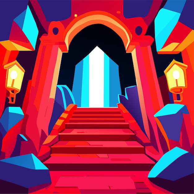 Vector magic portals with neon light inside vector cartoon illustration of ancient stone arches on platform