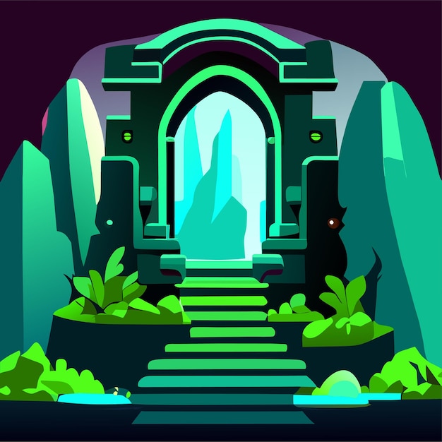 Vector magic portals with neon light inside vector cartoon illustration of ancient stone arches on platform