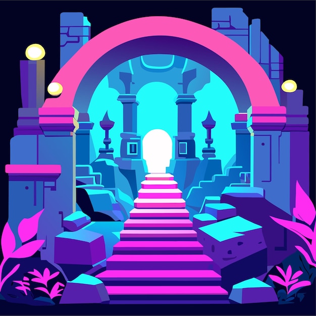 Vector magic portals with neon light inside vector cartoon illustration of ancient stone arches on platform