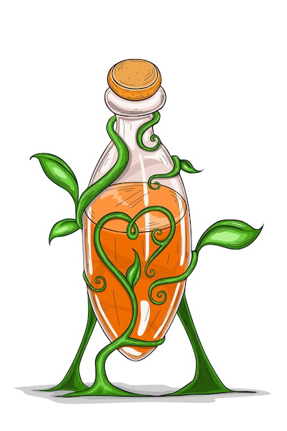 Magic potion bottle with leaves elements. Glass flask, elixir or poison.