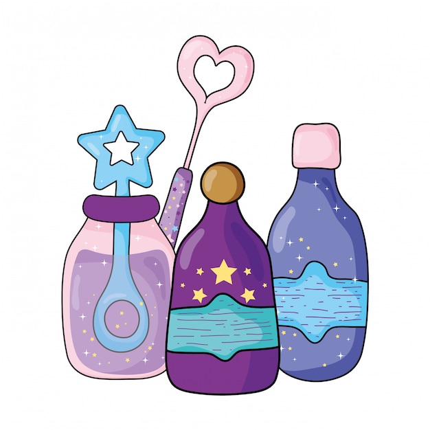 Vector magic potion bottles with wand