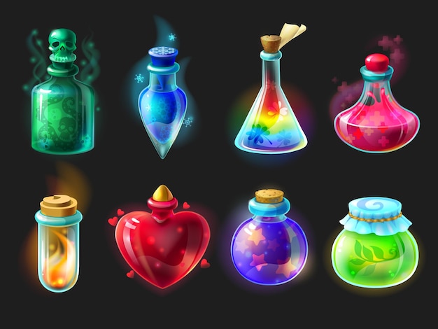 Magic potion. Cartoon game interface elements, alchemist bottles with elixir, poison, antidote and love potion. Vector fantasy and fairy tales objects set for design gui