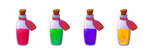 Magic potion. Cartoon game interface elements, alchemist bottles with elixir