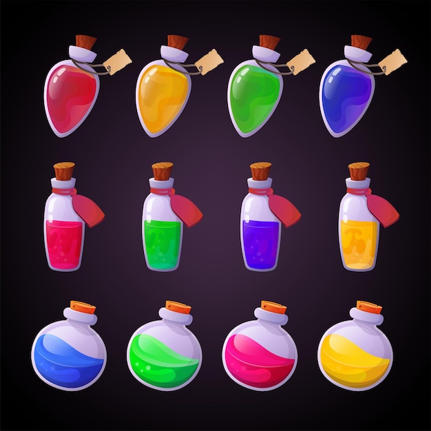 Vector magic potion cartoon game interface elements alchemist bottles with elixir