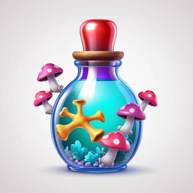 Vector magic potion poison in bottle magic elixir with bones and mushrooms fantasy 3d vector