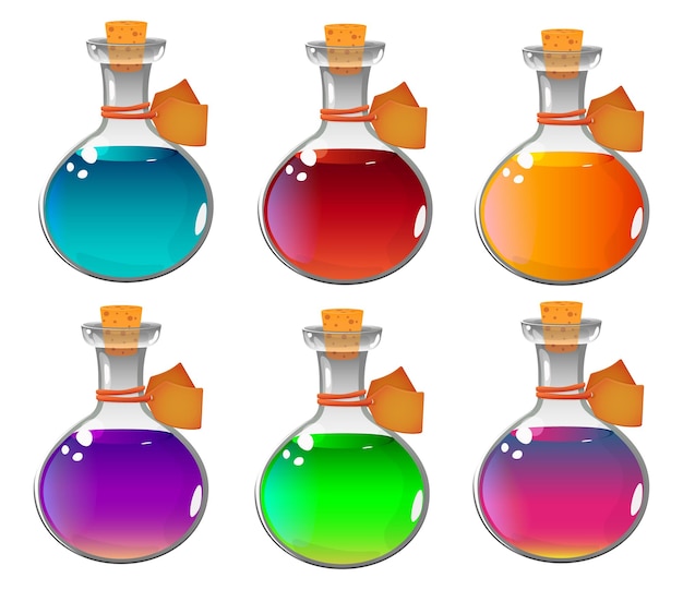 Magic potion set cartoon style Magic potions design elements game interface