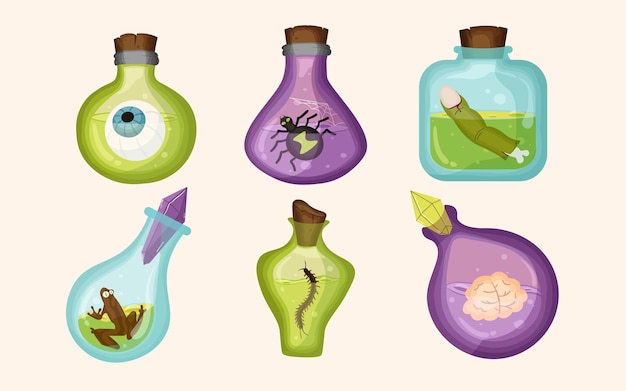 Magic potion spell jar bottles witchcraft halloween vector clipart illustration