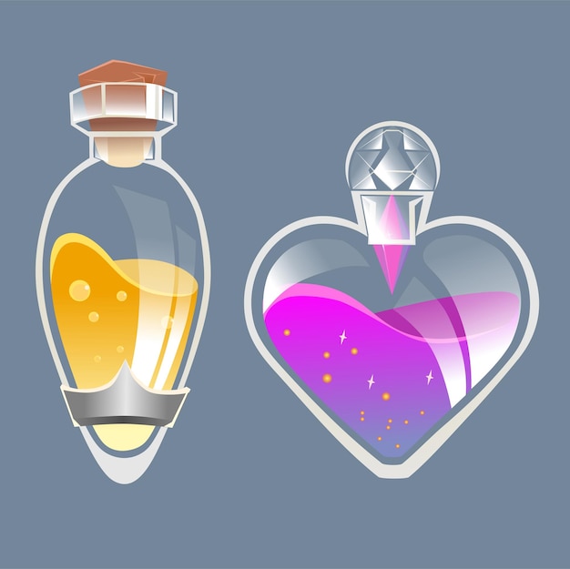 Vector magic potion vials set glass flasks with yellow pink elixir for game mechanics and interface