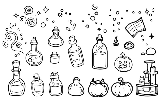 Magic potion and witchcraft coloring page for kids Cartoon children in Trick or Treat Halloween