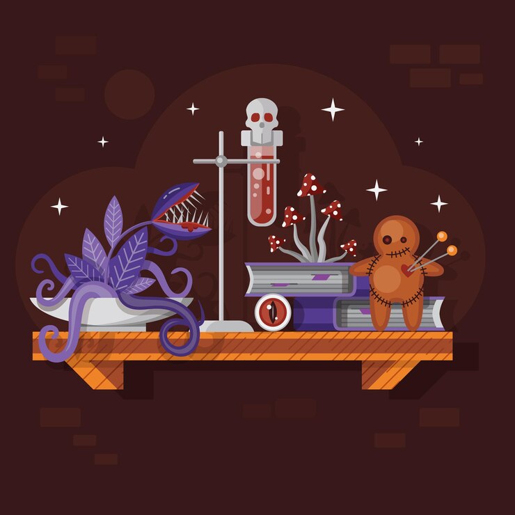 Vector magic potion with voodoo doll and flytrap