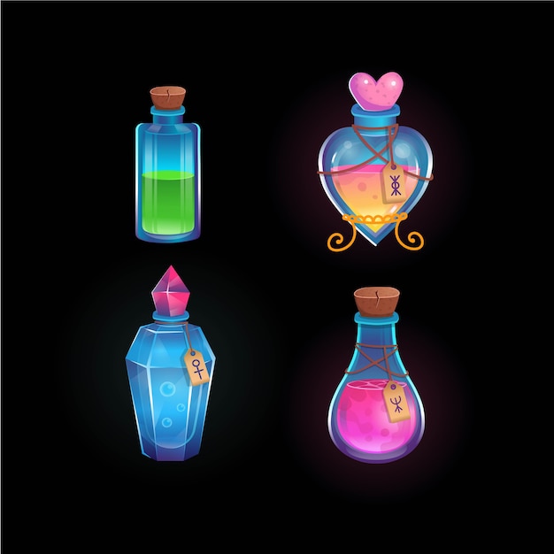 Magic potions in different bottles. Love potion, green, blue and pink potions. Cartoon illustration. Icon for games and mobile application.