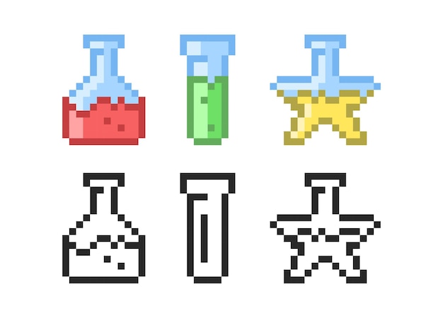 Vector magic potions icon in pixel style set of retro pixelated icons