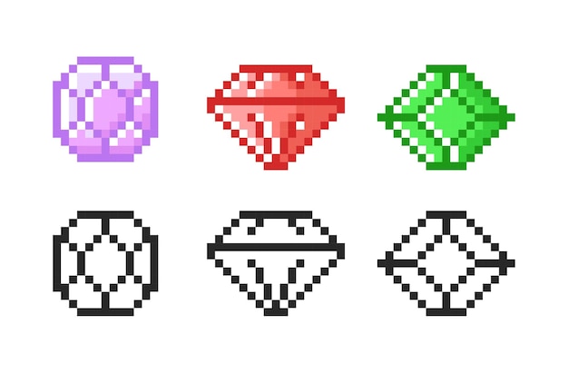 Vector magic precious stones icon in pixel style set of retro pixelated icons